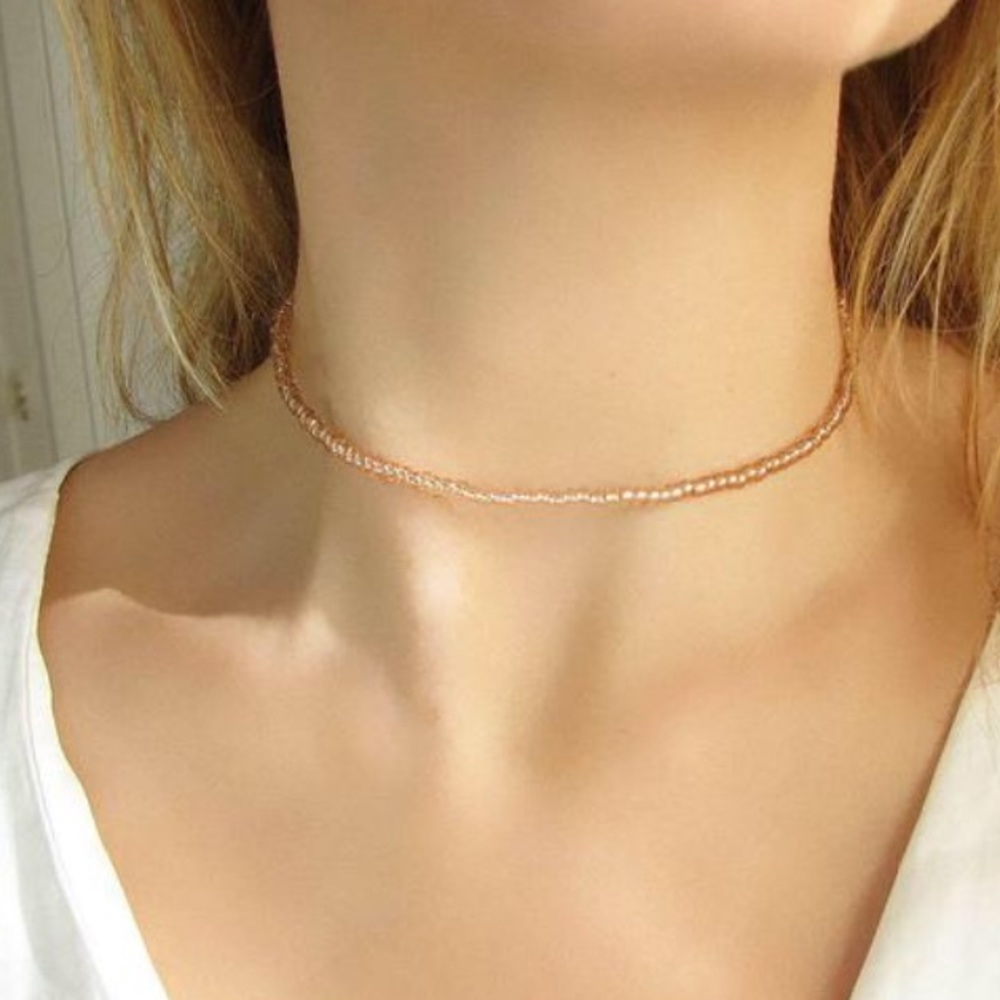 ♡ Rose Gold/Light Pink Beaded Choker Necklace ♡